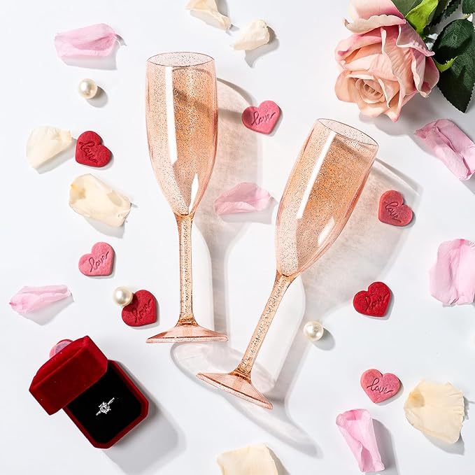XUWAIDSGN 24 Pcs Reusable Champagne Flutes Plastic Wine Glasses Bulk Vintage Champagne Flutes Mimosa Bar Glasses Stemmed Drinking Cups 5.4OZ for Christmas Birthday Wedding Bride
