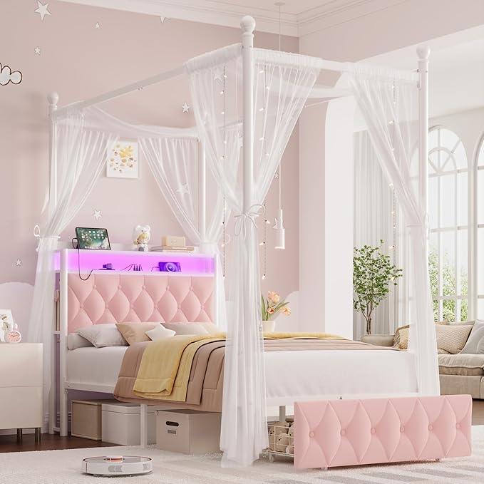 HIFIT Set of 2 Girls Twin Upholstered LED Canopy Bed Frame with Charging Station & Storage Drawer, Button Tufted Storage Headboard w/Bookshelf, Two-Use Kids Platform Bed frame w/4 Removable Post, Pink