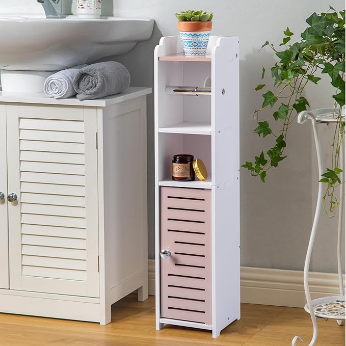 AOJEZOR Toilet Paper Holder Stand: Small Bathroom Storage Cabinet - Pinkish Rose - White