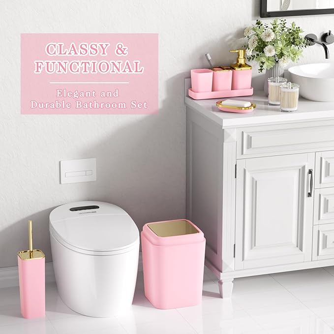 XLHOMO Pink Bathroom Accessories Set, Pink and Gold Bathroom Accessories with Trash Can, Soap Dispenser, Soap Dish, Toothbrush Holder and Q-tip Holders
