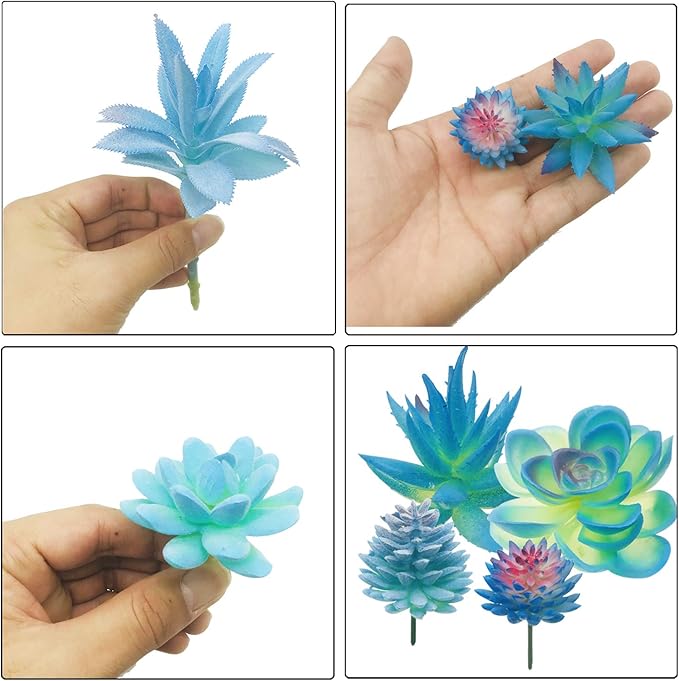 Woohome 10 PCS Artificial Succulent Plants, Blue Fake Succulent, Unpotted Faux Succulent Assortment in Flocked Blue in Different Type for Birthday Home Decor Indoor Wall Garden DIY
