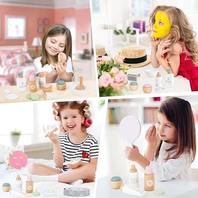 OEUVI Wooden Makeup Toy Set,Pretend Beauty Play Toys,Skin Care Learning Preschool Toys for Toddler, Salon Toys Beauty Fake Makeup Kit with Facial Mask for Girls 3 4 5 6 7+ Year Old Girls.