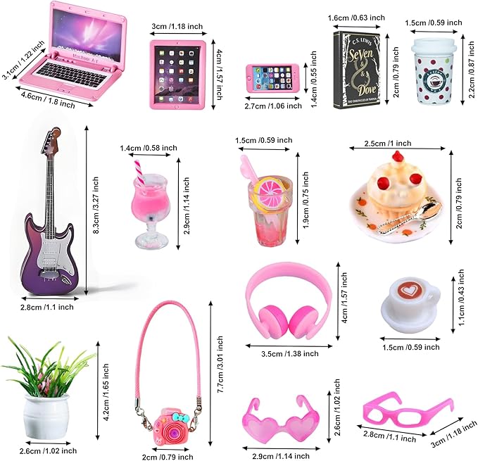 21 Pcs Dollhouse Miniature Laptop Computer Tablet Phone 1/12 1/6 Scale Tiny Book Drinks Guitar Instrument, Doll House Furniture Decor Cake Glasses Coffee Mini Headset, Camera, Potted Plants (Pink)