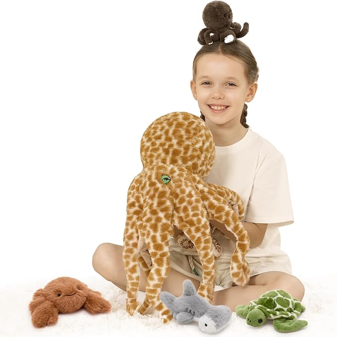 5Pcs Giant Octopus Plush, 23.6" Big Octopus Stuffed Animal with 3 Sea Animal Plush Toys(Turtle, Octopus, Crab, Hammerhead Shark), Soft Stuffed Ocean Creature Plushies for Kids