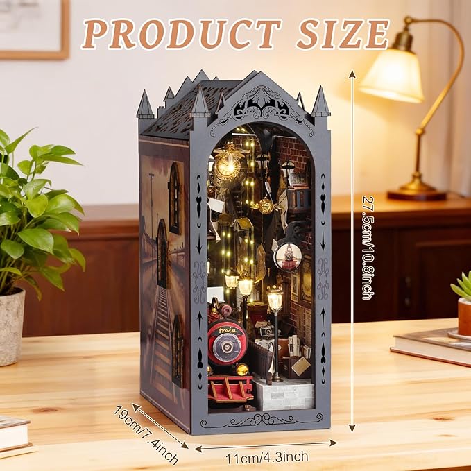 Book Nook Kit, DIY Miniature House Kit for Adults, Dollhouse Booknook with LED Light Gifts for Family, Friends, Magic Train