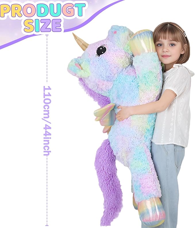 44 Inch Giant Rose Rainbow Unicorn Stuffed Animal Plush Toy with Wings Soft Cute Large Unicorn Plushies Animals Body Pillow Gift for Children Boy Girl Kids Birthday Valentine Room Decorations