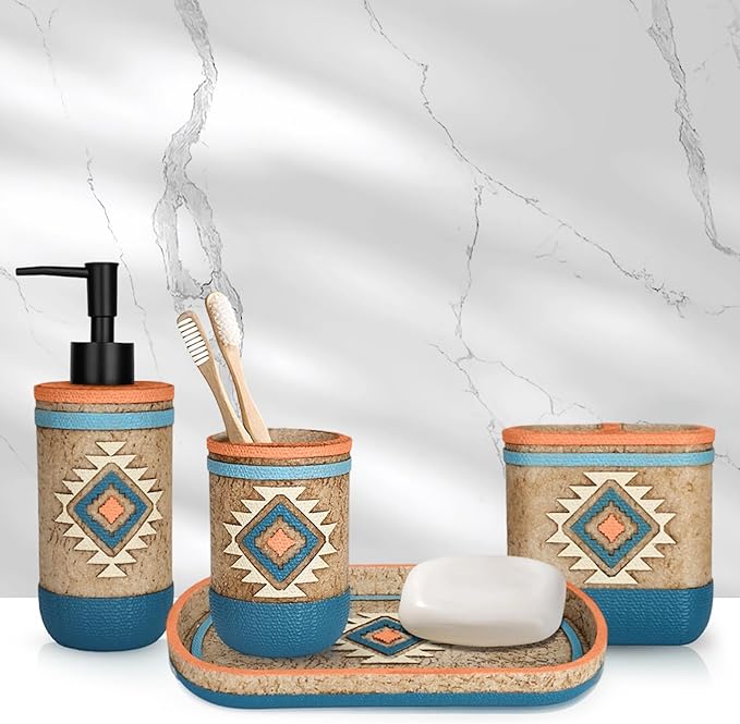 Bathroom Accessory Sets 4PCs Bathroom Set Complete Tribal Home Decor Southwest Pattern Shape Includes Lotion Dispenser Toothbrush Holder Tumbler Cup & Vanity Tray