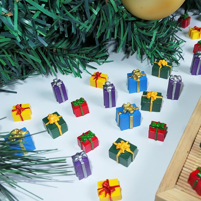 Christmas Miniature Gift Boxes Ornaments,60 Pcs Christmas Tree Mini Resin Presents Charms for Craft Dollhouse and Xmax Mini Decorations
