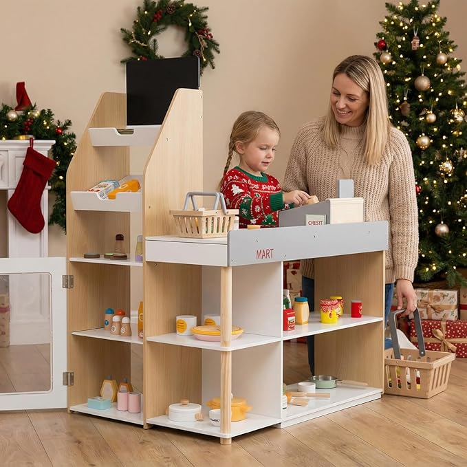 Costzon Grocery Store Pretend Play, Wooden Play Store, Toddler Supermarket Playset with Cash Register, Vending Machine, Chalkboard, Kids Grocery Store Playset, Gift for Boys & Girls