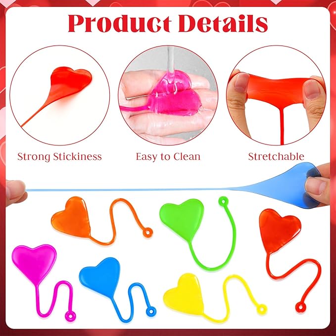 24PCS Sticky Hands Toys for Kids, Stretchy Goodie Bag Stuffers Toy for Party Favor Supplies, Sticky Toys for Boys Girls Classroom Prizes (6 colors heart)