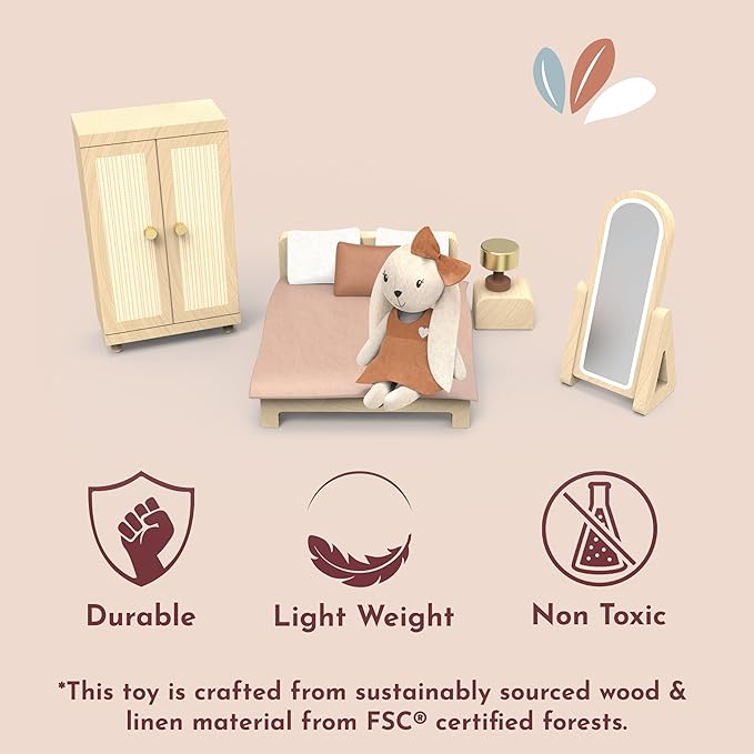 SPEEDY MONKEY Doll House Bedroom Playset – Wooden Playhouse with Bunny Character & Furnitures Set for Kids, Pretend Play Dollhouse and Imaginative Room Décor Storytelling for Toddlers & Preschoolers