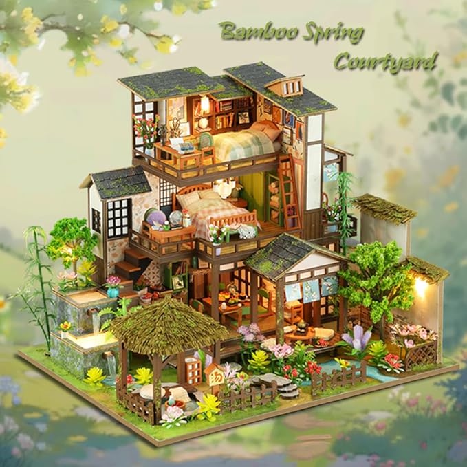 Yuzhen DIY Miniature Dollhouse with Furniture and LED Lights, Japanese Style Wooden Dollhouse Includes Dustcover and Music Movement, Exquisite Home Decor