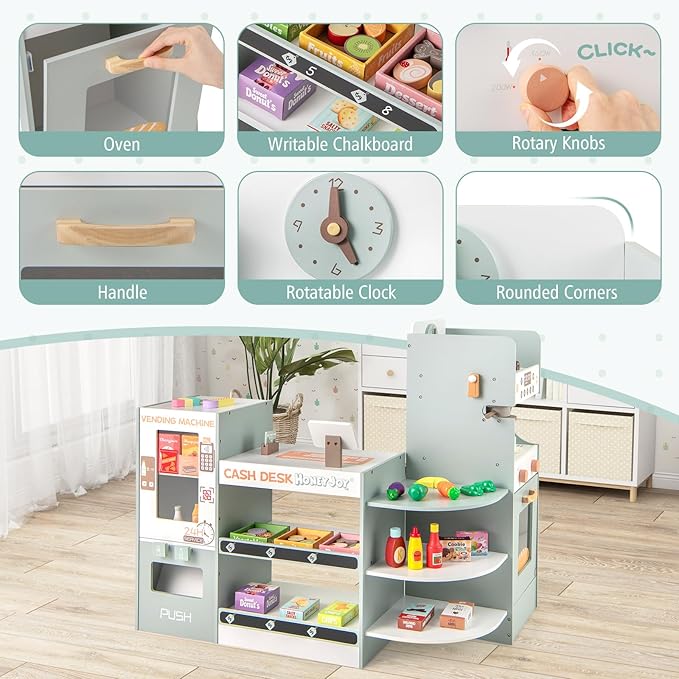 Costzon Kids Grocery Store Playset, Wooden Play Store w/Checkout Counter, Cash Register, Vending Machine, Coffee Maker & Play Food Accessories, Grocery Pretend Play Toy for Boys & Girls