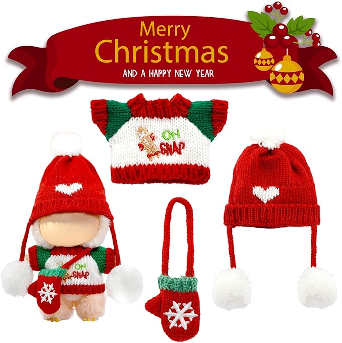 Christmas Clothes for LABUBU Doll (NO Doll), 3-Piece Handcrafted Crochet Christmas Accessories for LABUBU 17cm Dolls, Premium Outfit for LABUBU - Christmas Sweater + Hat + Bag (Red)