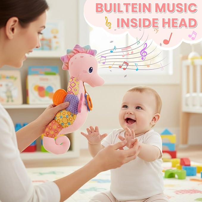 Baby Toys 0-6 Months,Infant Musical Seahorse Stuffed Animals Sensory Toys with Bright Colors,Multiple Textures,Rattles & Crinkle Sound Paper,Soft Tummy Time Toy for Newborn Boys Girls 0-12 Months-Pink