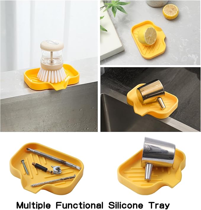 MicoYang Silicone Bathroom Soap Dishes with Drain Spout-Bathroom and Kitchen Sink Organizer,Sponge Holder,Dish Soap Tray,Perfect for Dispenser,Scrubber,Bottle,Cup on Sink or Counter-Yellow 4.9"×3.2"