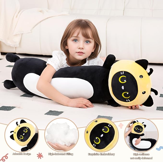 36 inch Bee Black Cat Long Plush Body Pillow Toy, Kitten Plushies with Stuffy Honeybee Oufit Big Stuffed Animals Gfit for Kids Boys Girls, Birthday, Halloween, Christmas