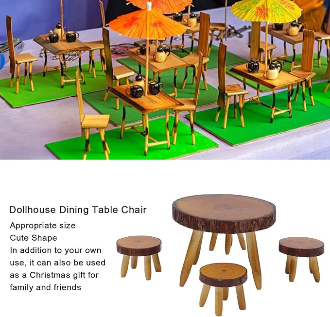 1:12 Scale Dollhouse Dining Table Set, Wooden Round Table & 4 Chairs Miniature Furniture for Dollhouse, Adult Collector Display