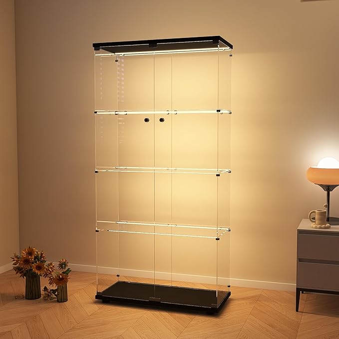 Modern 4-Tier Glass Display Shelf with 2 Doors, Curio Cabinet Collection - Floor Standing Display Case for Living Room, Bedroom, Home Office - 30" W x 14.5" D x 64" H (Black with LED Light Strip)