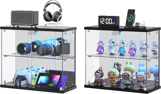 2pcs LED Clear Glass Display Case - for Figures & Collectibles, Small 2-Tier Display Cabinet with Charging Station, Display Box with Lights & Human Sensor, for Model Car, Perfume, Black