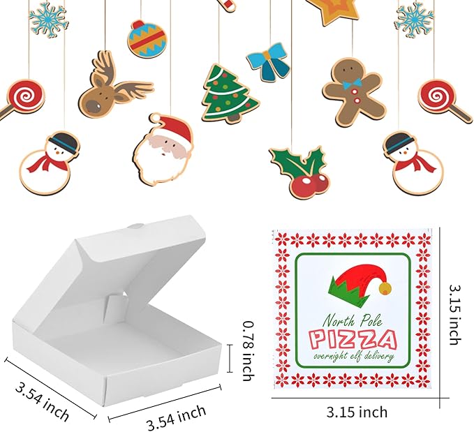 WANGDEFA 50 Pack Elf Mini Pizza Box Square Cardboard Mini Pizza Box with Elf Sticker for Celebrations, Party Favors, Christmas, Birthdays, Valentines Day, Weddings (3.54 x 3.54 x 0.78 inches)
