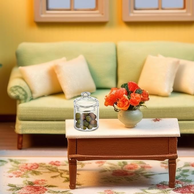 2 Pcs Miniature Glass Storage Jars with Caps 1 12 Scale Mini House Decor for Dollhouse Kitchen Bedroom Accessories