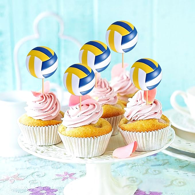 Ercadio 24 Pack Double Sided Volleyball Cupcake Toppers Sport Balls Cupcake Picks Volleyball Birthday Cake Decorations for Volleyball Theme Party Baby Shower Sport Game Party Decorations