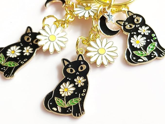 Agromusk Cute Cat Keychain, Enamel Flower Keyring Japanese Decor for Garden Cat Lovers, Kawaii Bag Charm With Sakura Flowers