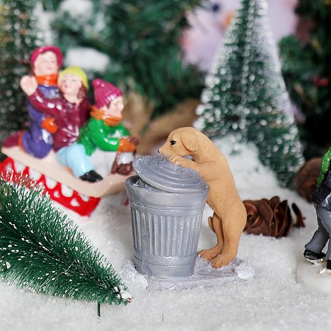Christmas Village Accessories Ornaments Resin Christmas Village Sets Decoration for Xmas Festival Holiday (Dog Trash Can)