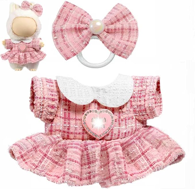 Clothes for LABUBU Doll (NO Doll), Luxury Chic Style 2-Piece Accessories for LABUBU 17cm Dolls, Premium Fashion Outfits for LABUBU - Bow Headdress + Plaid Tweed Dress (Pink)