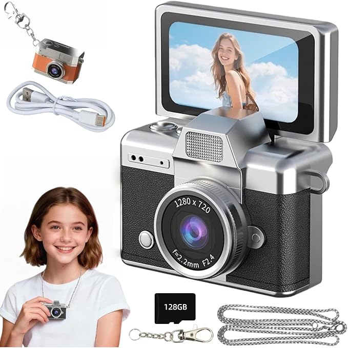 Mini Digital Camera Keychain Retro Mini Digital Video Camera Small 1080P FHD Recording with 0.96" IPS Screen with 6 Retro Filters AVI Format-Ideal for Phone Transfer (128GB, Black)