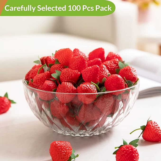 100 Pieces Fake Strawberries Fake Fruit Artificial Strawberry Kitchen Décor Plastic Strawberry Party Decorations Realistic Fake Food Lifelike for Display Photography Props