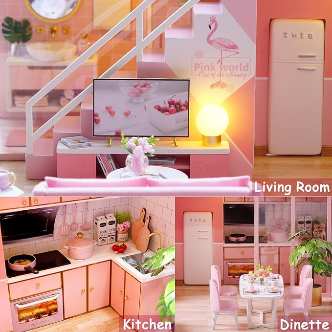 TuKIIE DIY Miniature Dollhouse Kit with Furniture, 1:24 Scale Creative Room Mini Wooden Christmas Doll House Accessories Plus Dust Proof & Music Movement for Kids Teens Adults(Meeting Your Sweet)