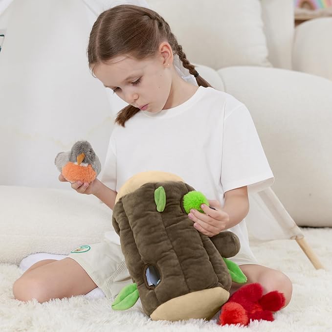 5Pcs Bulk Bird Stuffed Animal Set, Tree House Plush with 3 Small Bird Plushies(Robin, Hummingbird, Northern Cardinal) & 1 Egg, Magnetic Stuffed Tree Toys for Kids,Birders