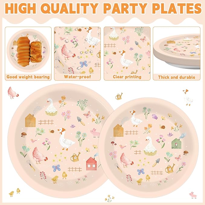 96Pcs Farm Barnyard Party Decorations Garden Tea Themed Tableware Farm Animals Flowers Plates Napkins Forks Summer Floral Dinnerware Supplies for Baby Shower Birthday Serves 24 Guests