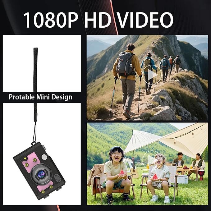 Mini Keychain Camera 64GB, 1080P Mini Retro Photo Video Camera, 120 Minute Battery Life Portable Tiny Digital Cam, Micro Video Camcorder for Travel Students Children, Pink