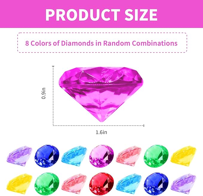 cntjv 28 Pcs Diving Gems Pool Toys 1.57in Large Colorful Diamond for Kids Acrylic Pirate Treasure Big Plastic Gems Underwater Mermaid Hunt Games Swimming Party Favors