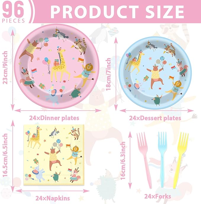 96Pcs Animal Parade Party Supplies Pastel Animal Parade Paper Plates and Napkins Jungle Safari Theme Tableware Decorations Set for Kids Girls Birthday Baby Shower Celebration Party Favor Serves 24