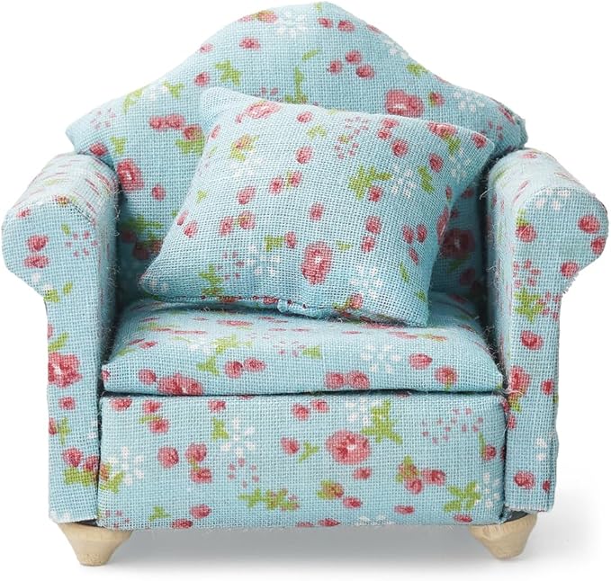 Odoria Dollhouse Armchair Miniature Sofa: 1/12 Scale Accent Club Chair with Pillow Country Rustic for Living Room Office Reading - Mini Lounge Seat Upholstered Wood Furniture Floral Blue