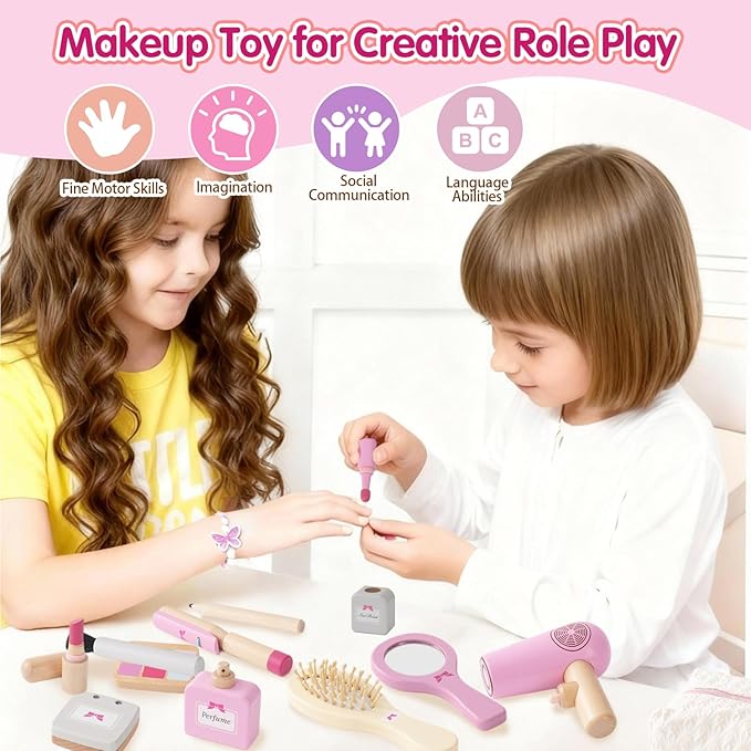 SMARTWO Wooden Makeup Toy Set for Toddler,Kids Pretend Play,Children Role Play Toys,Fake Cosmetics Salon Toys,Princess Dressup Accessories with Bag Birthday Gift for Girls 3 4 5 6