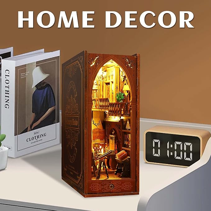 Kisoy Book Nook Kit, 3D Wooden Puzzle Booknook Build Bookshelf Decor, DIY Miniature House Kit for Adults and Teens, Mini House Arts&Craft Gifts for Family and Friends(Library of Book)