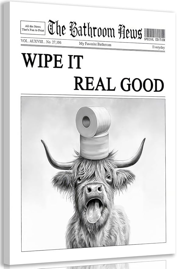 VPUQWGKE Black White Highland Cow Bathroom Canvas Wall Art Funny Highland Cow Toilet Paper On Head Picture Painting Bathroom Animals Print Wall Decor Farmhouse Decoration 12x16in Can Be Hung Directly