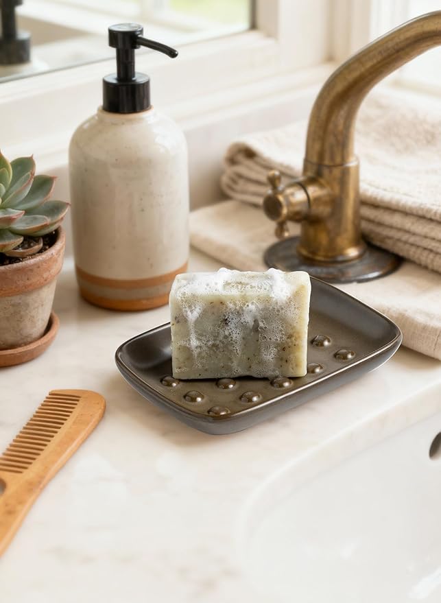 Soap Dish for Shower, Ceramic Bar Soap Holder, Soap Saver Non-Slip, Decorative Sponge Tray for Bathroom Kitchen Sink Bathtub, Multi-Purpose, Raised Pattern - Keep Soap Dry, Brown