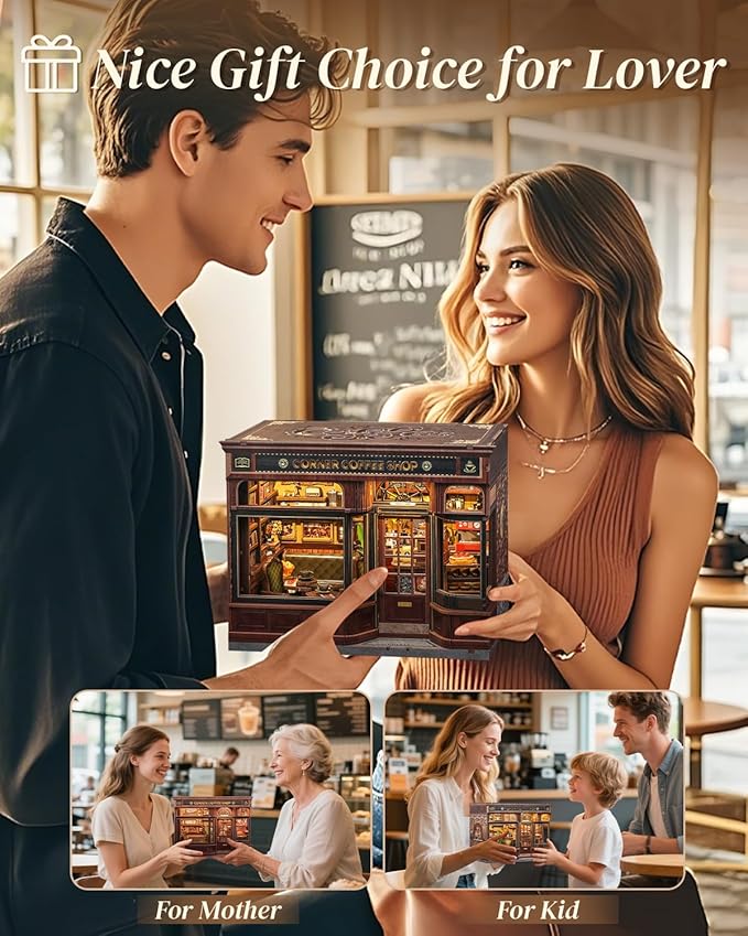 Cutefun Book Nook Kit - DIY Miniature Coffee Shop Booknook Kits for Adults and Teens, 3D Wooden Puzzle Bookend Bookshelf with LED Light, Gifts for Family and Friends (Corner Coffee Shop)