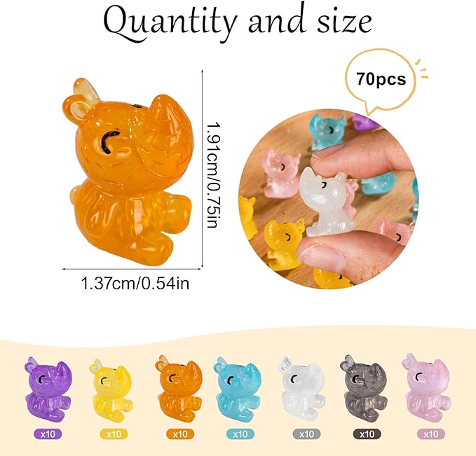 70 Pcs Luminous Mini Resin Rhino Tiny Cow Miniature Pig Figures Glow in The Dark for DIY Garden Dollhouse Wildlife Accessories Micro Landscape Aquarium Party Decor
