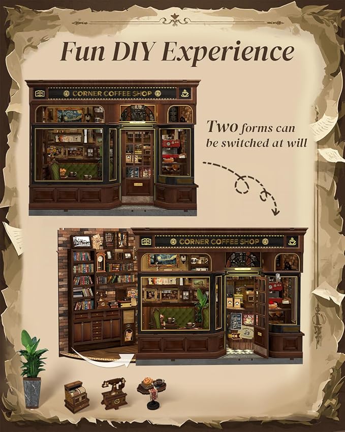 Cutefun Book Nook Kit - DIY Miniature Coffee Shop Booknook Kits for Adults and Teens, 3D Wooden Puzzle Bookend Bookshelf with LED Light, Gifts for Family and Friends (Corner Coffee Shop)