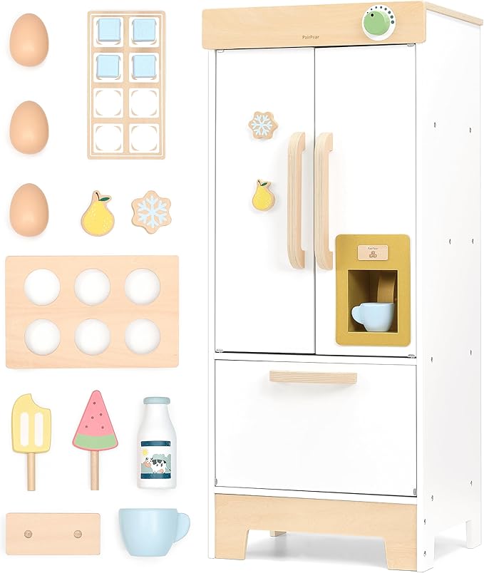 PairPear Wooden Toy Fridge for Kids Kitchen, Toddler Pretend Play Refrigerator with Real Ice‑Drop, Magnetic Stickers, Kids Toy Food Play Kitchen Accessory Gift for Boys & Girls Age 3+