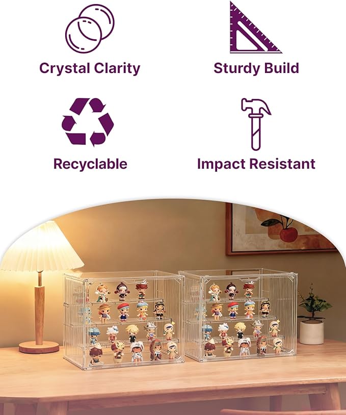 4-Tier Clear Acrylic Display Case for Funko Pop, Labubu, Disney Stitch, SKULLPANDA, Crybaby, DIMOO, Twinkle Twinkle, Sonny Angel, Tiny Tan, Barbie & Mini Collectibles, Dustproof Stackable Showcase