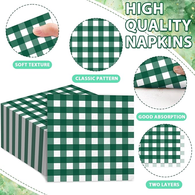 96Pcs Green Gingham Party Decorations Green and White Checkered Birthday Themed Tableware Gingham Plaid Plates Napkins Forks Picnic BBQ Dinnerware Supplies for Baby Shower Birthday Serves 24 Guests
