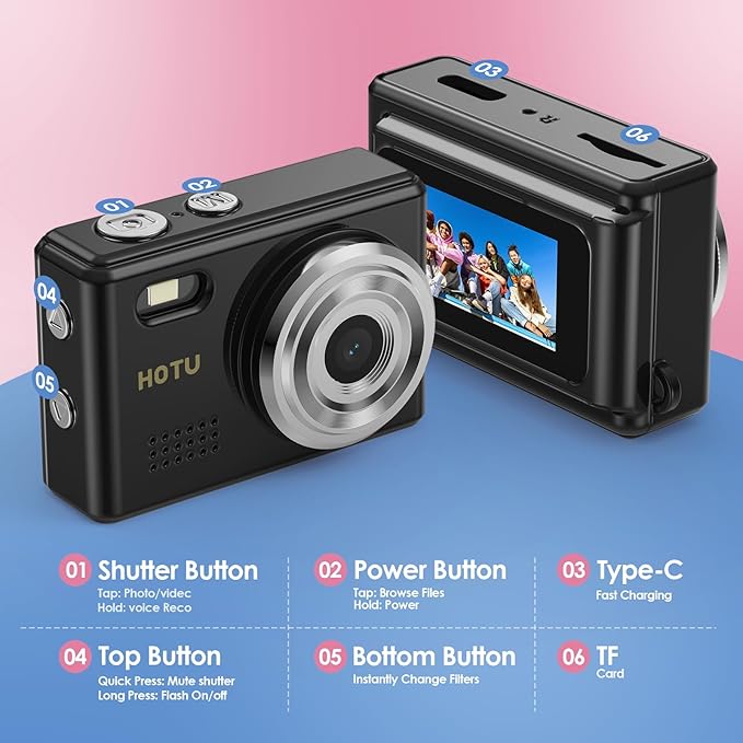 HOTU Mini Keychain Digital Camera, Y2K Pocket-Size Mini Camera, 2MP 1080P Small Camera with 32GB Card, Video Recorder with Long Battery Life for Travel, Party and Vlog (Black)